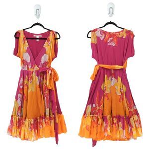 DIANE VON FURSTENBERG Women 10 Rewa Silk Dress Pink Orange Wrap Tie Tier FLAW